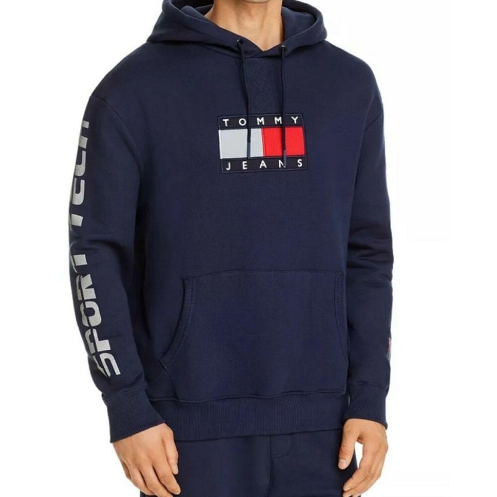 Tommy Hilfiger Navy Hoodie – Logo Patch & Sleeve Design (Men’s L)